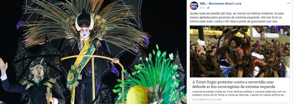 O MBL publicou, em sua página no Facebook, um artigo relativizando a escravidão no capitalismo com o propósito de desmoralizar o desfile da escola Paraíso do Tuiuti e foi desancado pelos internautas; o MBL publicou que o carnavalesco responsável pela apresentação, Jack Vasconcelos, “publicou mensagens de ódio”