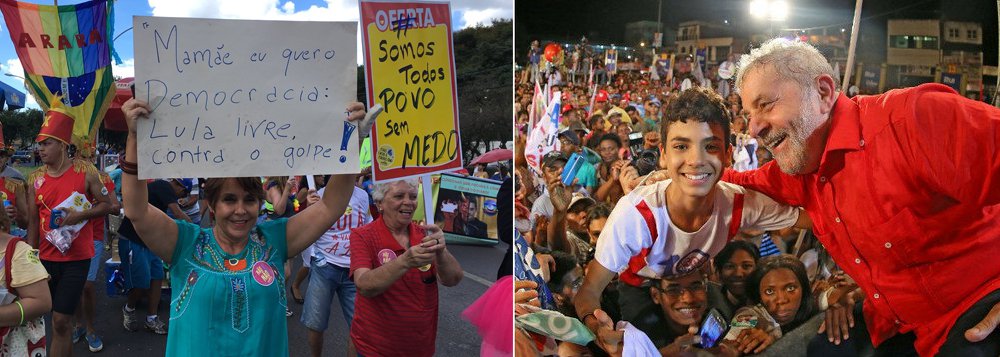 A deputada federal Erica Kokay (PT-DF) pediu no Twitter democracia e que o ex-presidente Lula não seja preso; "Mamãe eu quero democracia. Lula Livre! Não ao golpe dentro do golpe", protestou a parlamentar ao participar do bloco Pacotão, em Brasília; o ex-presidente foi condenado sem provas tanto em primeira instância, pelo juiz federal Sergio Moro, como na segunda, pelo TRF4
