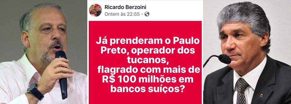 O ex-ministro Ricardo Berzoini ironizou a blindagem do tesoureiro do PSDB, Paulo Vieira de Souza, conhecido como Paulo Preto e flagrado com mais de R$ 100 milhões na Suíça; "já prenderam?", questionou