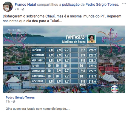 Mais uma fake news contra a esquerda: uma foto espalhada nas redes sociais nesta quarta-feira (14) mostrava a filósofa Marilena Chauí como jurada do Carnaval carioca; usando o nome do meio da professora da USP, Marilena de Souza, a foto falsa mostrava a filósofa atribuindo notas altas para a escola de samba Paraíso do Tuiuti