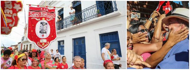 "Nossa troça tá na rua. Vem pra fazer a festa popular. É a Troça do Sapo Barbudo. Que o Moro vai ter que engolir. Queremos justiça sem perseguição. A soberania da nossa nação"; os versos são da troça do Sapo Barbudo, que fez sucesso em Olinda neste final de semana, no dia nacional de mobilização em defesa da democracia e do direito do ex-presidente Lula de ser candidato