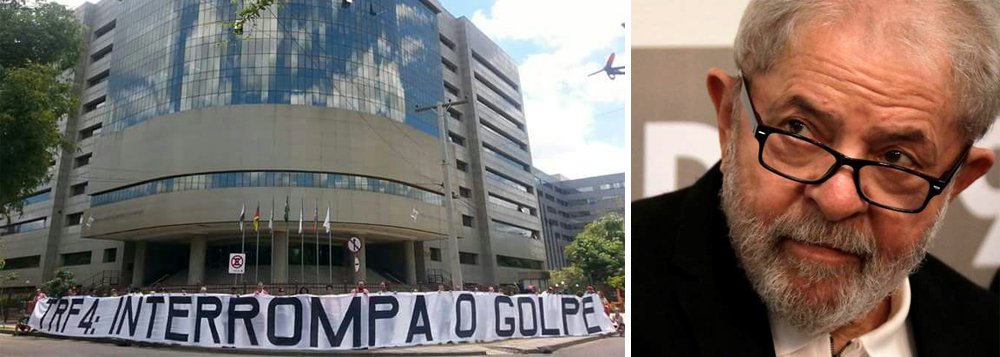 O palco do julgamento do ex-presidente Lula no próximo dia 24 recebeu, nesta segunda-feira, 8, um abraço simbólico de manifestantes; “TRF 4: Interrompa o golpe”, escreveram os manifestantes do Comitê em Defesa da Democracia e de Lula ser Candidato de Porto Alegre em uma faixa de 40 metros; objetivo da manifestação foi denunciar a perseguição judicial ao ex-presidente, cujo processo tramitou em tempo recorde no tribunal em questão; até a data do julgamento, inúmeras atividades em defesa de Lula estão sendo agendadas para acontecer tanto em Porto Alegre quanto em outras capitais