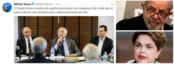 "Michel Temer visita nesta quinta-feira 15 as instalações do projeto Sirius em Campinas. Pouca gente no Brasil sabe da existência de mais este importante legado dos governos Lula e Dilma que, tal qual a transposição das águas do Rio São Francisco, eles não tiveram tempo de inaugurar. Temer tenta faturar mas, como seu crédito anda tão baixo, provavelmente não vai colar. Trata-se da mais complexa infraestrutura científica já construída no país, um acelerador de partículas que será uma das primeiras fontes geradoras de luz síncrotron de 4ª geração no mundo", destaca Tereza Cruvinel