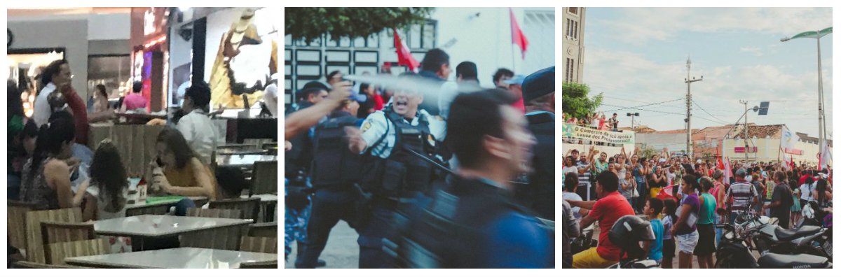 Violência física e moral contra professores, servidores, população e movimentos social e sindical voltaram a se repetir em Icó (CE), nesta quinta-feira, 22, durante ato convocado pela Federação dos Trabalhadores no Serviço Público Municipal do Estado do Ceará (Fetamce) para tentar barrar a aprovação do projeto que corta 50% do salário de 362 professores. A polícia militar e a guarda municipal atuaram novamente de forma repressiva, repetindo as cenas de violência do início da semana. A Câmara Municipal aprovou, por um voto, em segunda votação, o decreto da Prefeitura. No fim da noite de ontem, nas redes sociais, uma pessoa publicou uma foto onde a prefeita aparece lanchando em um shopping de Fortaleza "enquanto o povo era alvejado nas ruas"
 


 
 

