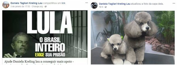 Daniela Tagliari Kreling Lau apagou de seu Facebook as postagens políticas, como a que defendia a prisão de Lula, e mesmo afagos ao MBL e ao prefeito de Porto Alegre, o tucano Nelson Marchezan, que pediu Exército na capital dia 24 de janeiro; em vez disso, ela encheu sua página de fotos de poodles