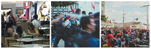 Violência física e moral contra professores, servidores, população e movimentos social e sindical voltaram a se repetir em Icó (CE), nesta quinta-feira, 22, durante ato convocado pela Federação dos Trabalhadores no Serviço Público Municipal do Estado do Ceará (Fetamce) para tentar barrar a aprovação do projeto que corta 50% do salário de 362 professores. A polícia militar e a guarda municipal atuaram novamente de forma repressiva, repetindo as cenas de violência do início da semana. A Câmara Municipal aprovou, por um voto, em segunda votação, o decreto da Prefeitura. No fim da noite de ontem, nas redes sociais, uma pessoa publicou uma foto onde a prefeita aparece lanchando em um shopping de Fortaleza "enquanto o povo era alvejado nas ruas"
 


 
 

