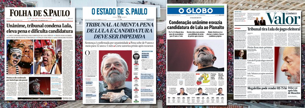 As manchetes dos principais jornais brasileiros demonstram, de forma inequívoca, que o julgamento de Lula só ocorreu para que ele fosse banido da disputa presidencial de 2018 pelo tapetão judicial. Na Folha, condenação dificulta candidatura. No Globo, esvazia. No Valor, impede, enquanto o Estado de S. Paulo adianta que o registro de Lula deve ser barrado. Foi exatamente para que este objetivo fosse alcançado que o Brasil sofreu dois golpes sequenciais – o de 2016, com a derrubada de Dilma sem crime de responsabilidade, e o de 2018, com a condenação de Lula sem provas; a questão é: o povo vai aceitar?