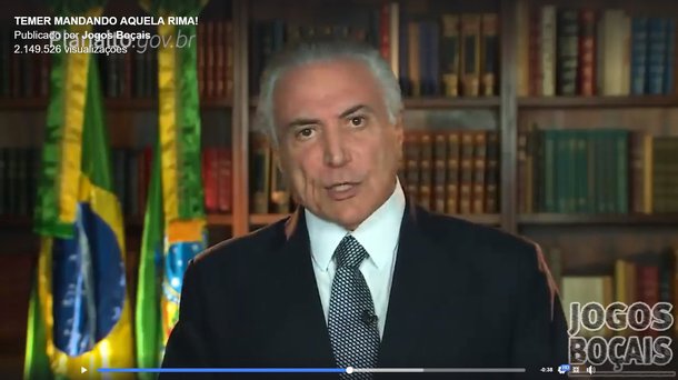 "Estou convencido: não vou ser punido e isso precisa ser mantido", diz a "letra" criada pela página Jogos Boçais no Facebook, que pega trechos de diversos discursos presidenciais; "Evidentemente continuarei à frente liderando fielmente a corrupção já existente", admite ainda Temer, no rap fictício; assista