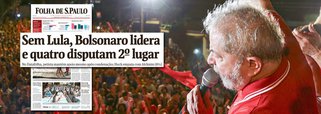 O colunista Jeferson Miola critica a Folha de S. Paulo por minimizar a liderança disparada do ex-presidente Lula na pesquisa Datafolha, divulgada nesta quarta-feira, 31; "O DataFolha mostrou Lula disparado na pesquisa, vencendo a eleição presidencial no primeiro turno contra qualquer candidato da oligarquia golpista e da ditadura Globo-Lava Jato. A Folha de SP [que é proprietária do DataFolha], apesar disso, na edição de 31/1/2018, consegue 2 proezas incríveis na cobertura deste fato jornalístico: não destaca Lula disparado e eleito já no primeiro turno e, além disso, elimina Lula da eleição: 'Sem Lula, Bolsonaro lidera e quatro disputam 2º lugar'", diz Miola 