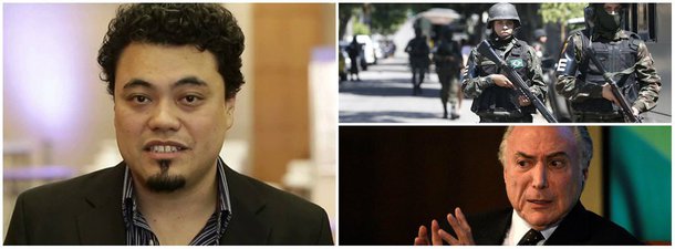 Ao comentar sobre a intervenção federal no Rio, o jornalista Leonardo Sakamoto afirmou que “quem morrerá nas batalhas não serão os ‘estrangeiros’, mas os brasileiros de comunidades pobres. E o histórico das ações das Forças Armadas em outros momentos de ocupação mostra que eles devem se preocupar”; “O governo sabe muito bem a estrada que pegou. Mas não tem ideia para onde ela vai levar. Pois só um país que se perdeu tem coragem (ou a estupidez) de declarar guerra ao próprio povo”