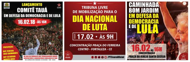 Na continuidade da agenda de mobilização contra o golpe, a reforma da previdência e em defesa de Lula, diversas atividades estão programadas neste final de semana, em Fortaleza e no interior, organizados pelas Frentes Brasil Popular, Povo Sem Medo, partidos de esquerda e movimentos sociais