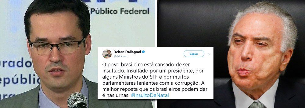 O procurador Deltan Dallagnol, coordenador da Lava Jato, principal instrumento usado pelos patrocinadores do golpe de 2016 para derrubar uma presidente honesta, Dilma Rousseff, e instalar um sindicato de políticos corruptos no poder, liderado por Michel Temer, agora se vê arrependido; "O povo brasileiro está cansado de ser insultado. Insultado por um presidente, por alguns Ministros do STF e por muitos parlamentares lenientes com a corrupção. A melhor reposta que os brasileiros podem dar é nas urnas", escreveu