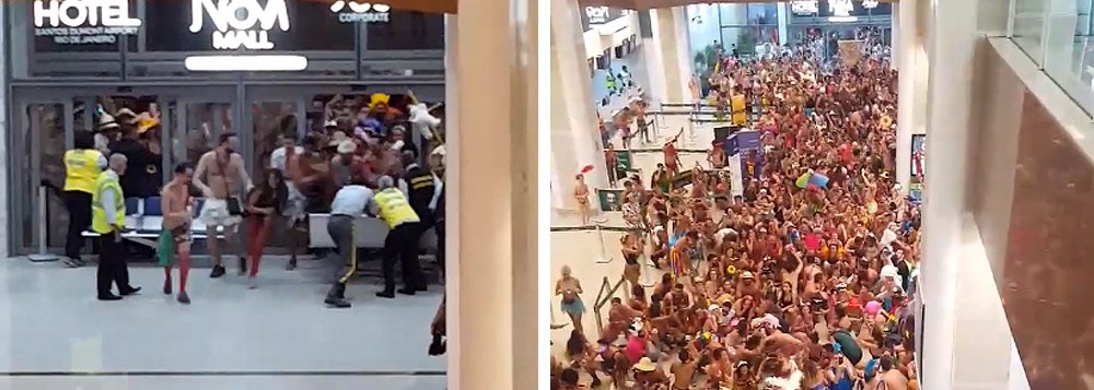 Vídeo que circula nas redes sociais mostra um enorme grupo de foliões entrando no Aeroporto Santos Dumont, no Rio, aos gritos de Fora Temer e com protestos contra o prefeito, Marcelo Crivella