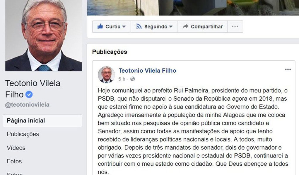 O ex-governador de Alagoas, Teotonio Vilela (PSDB), anunciou em sua rede social que não disputará o Senado nas eleições deste ano; mesmo depois de ter o seu nome envolvido pela PF no esquema de propinas de construtoras nas obras do Canal do Sertão - em 2017 foi acusado de corrupção ativa pelo executivo da Odebrecht Alexandre Biselli, um dos delatores na Operação Lava Jato -, ele sempre aparecia em segundo ou terceiro lugar nas pesquisas; Vilela elegeu-se senador em 1986, foi reeleito em 1994 e 2002, migrou para o PSDB em 1988 e se tornou presidente nacional de 1996 a 2001