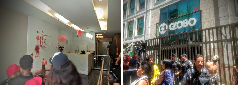 Manifestantes que ocupavam a calçada da Rede Globo, no Rio de Janeiro, em apoio ao ex-presidente Lula,entraram no prédio da emissora; letreiro externo e logotipo da empresa foram manchados de vermelho; "Precisamos mostrar que o povo não aceitará uma condenação com cartas marcadas. Criou-se um espetáculo jurídico com nítida sustentação da rede Globo", afirmou Paulo Henrique, ligado ao MST