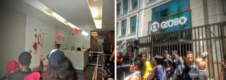 Manifestantes que ocupavam a calçada da Rede Globo, no Rio de Janeiro, em apoio ao ex-presidente Lula,entraram no prédio da emissora; letreiro externo e logotipo da empresa foram manchados de vermelho; "Precisamos mostrar que o povo não aceitará uma condenação com cartas marcadas. Criou-se um espetáculo jurídico com nítida sustentação da rede Globo", afirmou Paulo Henrique, ligado ao MST