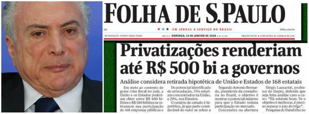 "A manchete da Folha estima (?) o valor que teriam as empresas estatais brasileiras, caso fossem vendidas. Para impressionar com os números, a reportagem passa “batido” por algumas perguntas que nem de longe são respondidas", diz Fernando Brito, editor do Tijolaço; "Por que empresas tão criticadas, como obsoletas, deficitárias, inúteis e com pouca ou nenhuma utilidade senão servirem de cabides de empregos – o discurso privatista o diz, não é? – valem tanto?"