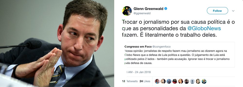 O editor-chefe do site The Intercept, Glen Greenwald, criticou em seu Twitter a postura dos jornalistas da GloboNews durante o julgamento dos recursos do ex-presidente Lula pelo TRF4 em Porto Alegre; "Trocar o jornalismo por sua causa política é o que as personalidades da Globonews fazem. É literalmente o trabalho deles”, escreveu o jornalista norte-americano radicado no Brasil em seu perfil