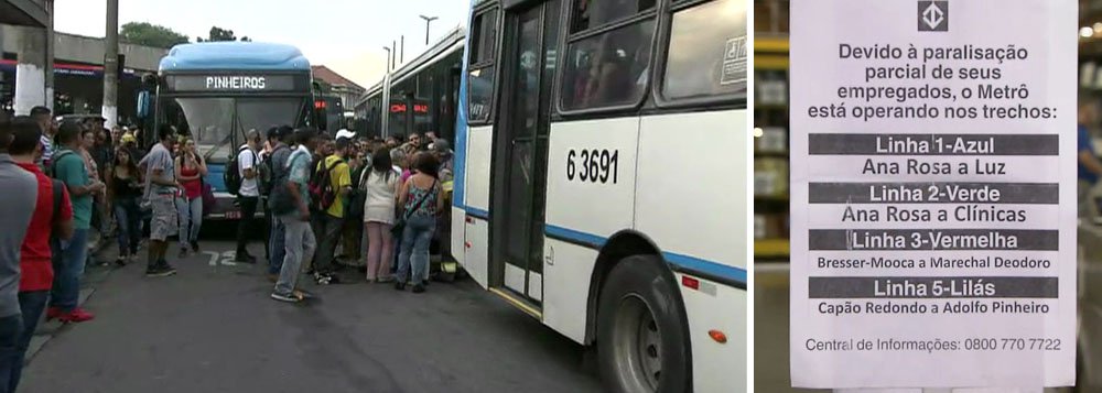Paralisação de 24 horas dos metroviários afeta parcialmente a operação do metrô hoje (18) na cidade de São Paulo;  grevistas são contra a concessão à iniciativa privada das linhas 5-Lilás e 17-Ouro, cujo leilão está marcado para amanhã (19); com a greve, usuários que dependem do transporte público formam longas filas nos pontos de ônibus e a Companhia de Engenharia de Tráfego (CET) liberou os veículos de passeio do rodízio, mas manteve as restrições para caminhões e fretamento