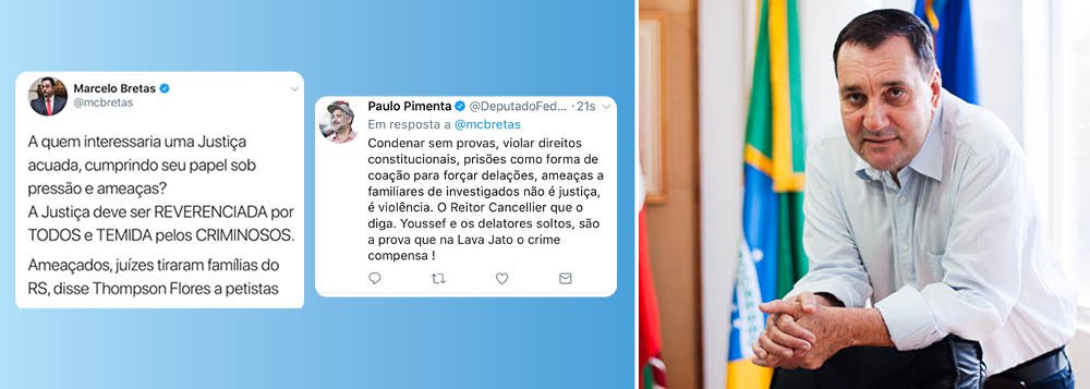Responsável pela Lava Jato no Rio de Janeiro e pela polêmica sentença que condenou o Almirante Othon, pai do programa nuclear brasileiro a mais de 40 anos de prisão, o juiz Marcelo Bretas disse que juízes do TRF-4 estão sob ameaça e defendeu uma justiça "temida e reverenciada"; o deputado Paulo Pimenta (PT-RS) rebateu, dizendo que muitos brasileiros estão sendo ameaçados pelo fim de garantias constitucionais, como aconteceu com o reitor Luiz Cancellier, que, vítima de injustiça, se matou; no dia 24, o ex-presidente Lula pode ser condenado sem provas, ameaçando as esperanças de 50 milhões de eleitores, que hoje votariam nele