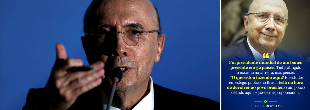 Disposto a disputar a presidência da República em 2018, o ministro da Fazenda, Henrique Meirelles, tem usado suas redes sociais para fazer campanha antecipada – não se sabe ainda se com recursos próprios ou de equipe de comunicação paga pelo governo federal; na imagem acima, ele se coloca como um executivo de sucesso no setor privado, que estaria disposto a retribuir à sociedade tudo o que recebeu; até agora, no entanto, Meirelles não tem muita coisa pra mostrar; o desemprego é recorde e o Brasil nunca teve tanta gente fora do mercado de trabalho por longos períodos como agora