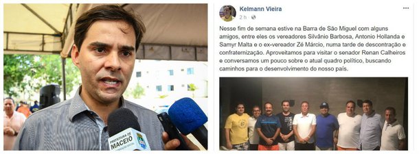 Depois de algumas especulações, o presidente da Câmara Municipal de Maceió, Kelmann Vieira (PSDB), confirmou que vai apoiar a reeleição de Renan Calheiros para o Senado; ao justificar o primeiro voto para Calheiros, Kelmann lembrou que o senador foi seu padrinho político e o ajudou em sua primeira eleição, em 2012; dos 21 vereadores da capital, 16 decidiram que vão apoiar o senador