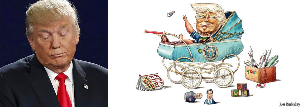 Capa da revista inglesa The Economist retrata o presidente dos Estados Unidos, Donald Trump, como um bebê; Trump, que está completando um ano de mandato, é alvo do livro "Fogo e Fúria" - que o retrata como um "imperador infantil monstruosamente egoísta"; revista destaca que o país está "envolvido em um debate sobre a sanidade mental do presidente; estudo feito com base nas 30 mil primeiras palavras de Trump desde a sua eleição, mostra que ele se expressa com o nível de um aluno entre o segundo e o sexto no escolar – equivalente a oito anos de idade