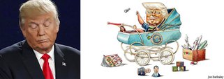 Capa da revista inglesa The Economist retrata o presidente dos Estados Unidos, Donald Trump, como um bebê; Trump, que está completando um ano de mandato, é alvo do livro "Fogo e Fúria" - que o retrata como um "imperador infantil monstruosamente egoísta"; revista destaca que o país está "envolvido em um debate sobre a sanidade mental do presidente; estudo feito com base nas 30 mil primeiras palavras de Trump desde a sua eleição, mostra que ele se expressa com o nível de um aluno entre o segundo e o sexto no escolar – equivalente a oito anos de idade