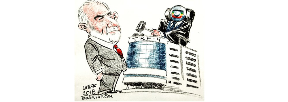 Cartunista Latuff questiona quem realmente está julgando o ex-presidente Lula: serão os desembargadores do TRF-4 ou a Rede Globo que pretende tirá-lo da disputa presidencial para seguir mandando e desmandando no País?