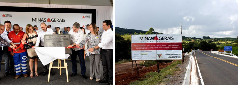 O governador de Minas, Fernando Pimentel (PT), inaugurou, em Três Corações, as obras de construção da ponte sobre o Rio do Peixe, na rodovia LMG-862, que liga o município à São Bento Abade; a ponte, que custou R$ 3,6 milhões, também vai melhorar o acesso à São Thomé das Letras; segundo o governador, essa construção era esperada há pelo menos 30 anos; ele aproveitou o evento para cutucar os adversários ao lembrar o apoio dado pelo ex-presidente Lula ao estado