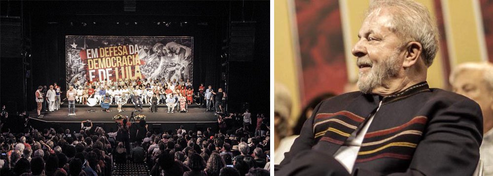 Centenas de juristas notáveis, artistas, intelectuais e parlamentares marcam presença na noite desta terça-feira 16 no ato em defesa da democracia e da candidatura do ex-presidente Lula nas eleições de 2018, que acontece no Teatro Oi Casa Grande, no Rio de Janeiro; em discursos acalorados, personalidades como Bemvindo Sequeira, Gregório Duvivier, Márcia Tiburi, Guilherme Boulos e diversos outros nomes defendem a inocência de Lula no caso do triplex do Guarujá, a perseguição do Judiciário e da mídia contra o ex-presidente e o direito de ele participar da disputa ao Planalto