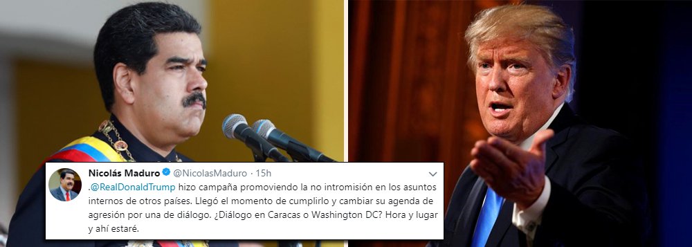 O presidente da Venezuela, Nicolás Maduro, desafiou nessa segunda-feira (19) o presidente dos Estados Unidos, Donald Trump, a estabelecer um diálogo em Caracas ou Washington e pediu que ele mude "sua agenda de pressão" contra a chamada revolução bolivariana; "(Trump) fez campanha promovendo a não intromissão nos assuntos internos de outros países. Chegou o momento de cumprir isso e mudar a agenda de agressão por uma de diálogo. Diálogo em Caracas ou Washington? Diga hora e lugar e aí estarei", escreveu o presidente venezuelano no Twitter, onde marcou o perfil de Trump