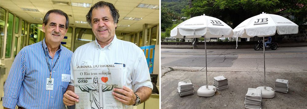 Uma centena de guarda-sóis, em branco e preto e com as logos JORNAL DO BRASIL, marcarão os pontos de distribuição. Duplas de jovens uniformizados com as logos do JORNAL DO BRASIL estarão vendendo os exemplares a R$ 5,00; na foto acima, o diretor administrativo-financeiro, Antônio Carlos Mello Affonso, e o presidente do 'JB', Omar Resende Peres, com o primeiro exemplar