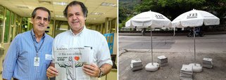 Uma centena de guarda-sóis, em branco e preto e com as logos JORNAL DO BRASIL, marcarão os pontos de distribuição. Duplas de jovens uniformizados com as logos do JORNAL DO BRASIL estarão vendendo os exemplares a R$ 5,00; na foto acima, o diretor administrativo-financeiro, Antônio Carlos Mello Affonso, e o presidente do 'JB', Omar Resende Peres, com o primeiro exemplar
