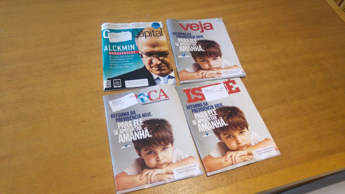 O blog Midiático, da revista Carta Capital, questiona a publicidade do governo de Michel Temer nas três das maiores revistas do País, Veja, Época e IstoÉ, que trouxeram nesta semana capa publicitária em defesa da reforma da Previdência; "Essa foi apenas mais uma investida publicitária do governo federal em defesa da reforma da Previdência. Desde meados de 2017 são frequentes as inserções, especialmente na TV aberta, com mensagens a favor da reforma", diz o blog, lembrando que no ano passado, o governo destinou 170 milhões para despesas com comunicação no Orçamento