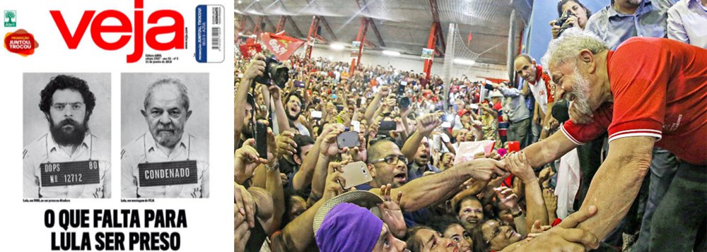 Uma das maiores patrocinadoras do ódio ao ex-presidente Lula, a revista Veja estampa na edição deste fim de semana montagem em que defende a prisão de Lula, como na ditadura militar; a revista da família Civita não esconde que o principal motivo da condenação sem provas e da eventual prisão do ex-presidente "em 40 dias" será eliminar o líder na preferência do eleitor brasileiro nas eleições de outubro; para isso, dá como certa a inabilitação de Lula pela Lei da Ficha Limpa; no ato em que o PT lançou Lula à presidência, o senador Lindbergh Farias resumiu o que acontecerá caso Lula seja preso, como quer a Veja; “Pra prender o Lula, vocês vão ter que prender milhões de brasileiros”