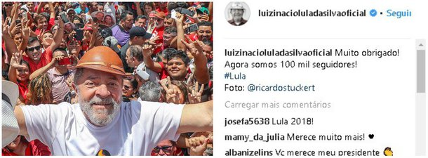 O ex-presidente Lula atingiu a marca dos 100 mil seguidores no Instagram; "Muito obrigado! Agora somos 100 mil seguidores!", escreveu o petista em sua conta na rede social; considerado o melhor presidente da história do País, de acordo com pesquisas oficiais, o ex-presidente também continua liderando todas os levantamentos sobre intenções de voto, apesar de ter sido condenado sem provas no processo envolvendo o triplex no Guarujá (SP)