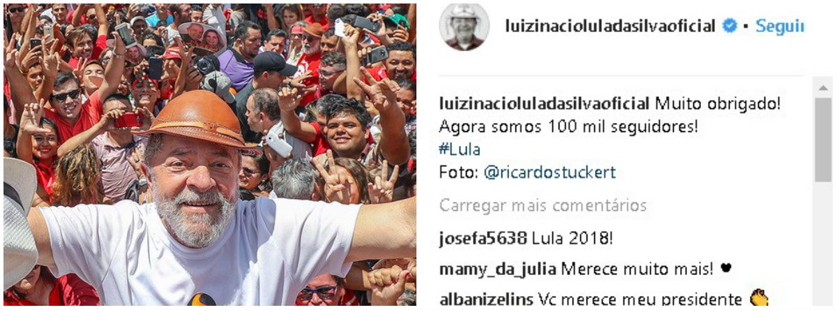 O ex-presidente Lula atingiu a marca dos 100 mil seguidores no Instagram; "Muito obrigado! Agora somos 100 mil seguidores!", escreveu o petista em sua conta na rede social; considerado o melhor presidente da história do País, de acordo com pesquisas oficiais, o ex-presidente também continua liderando todas os levantamentos sobre intenções de voto, apesar de ter sido condenado sem provas no processo envolvendo o triplex no Guarujá (SP)