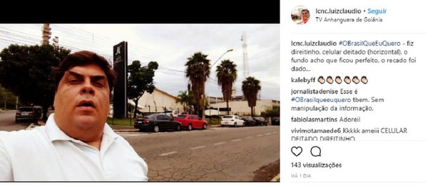 O telespectador goianiense Luiz Cláudio Cavalcante aderiu à campanha da Globo que estimula cidadãos a gravar vídeos com o próprio celular sobre o Brasil que querem para o futuro; mas a mensagem dele é curiosa. O Brasil que ele quer para o futuro é "sem a Globo e suas afiliadas"; Luiz Cláudio afirma que a Vênus platinada e suas filiais servem ao propósito de “manipular o povo para os seus interesses escusos”; vídeo foi gravado em frente à sede do Grupo Jaime Câmara, que comanda a TV Anhanguera, afiliada da Globo em Goiás