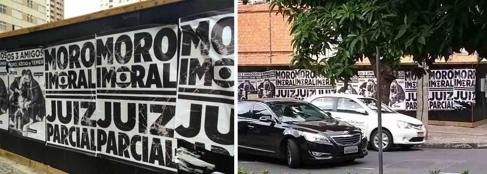 A cidade de Belo Horizonte amanheceu nesta terça-feira, 19, com centenas de faixas, espalhadas por toda parte, contra o juiz federal Sergio Moro e a Lava Jato; “Moro imoral, juiz parcial”. Outro cartaz tem o título “Os Três Amigos”, com a foto do juiz n festa da revista IstoÉ em 2016, cochichando com Aécio Neves, perto de Michel Temer. A letra O tem a logomarca da Globo