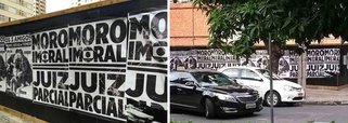 A cidade de Belo Horizonte amanheceu nesta terça-feira, 19, com centenas de faixas, espalhadas por toda parte, contra o juiz federal Sergio Moro e a Lava Jato; “Moro imoral, juiz parcial”. Outro cartaz tem o título “Os Três Amigos”, com a foto do juiz n festa da revista IstoÉ em 2016, cochichando com Aécio Neves, perto de Michel Temer. A letra O tem a logomarca da Globo