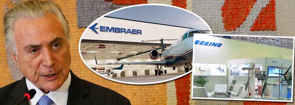 A empresa norte-americana Boeing negocia a compra da fabricante de aeronaves brasileira Embraer; informação foi divulgada nesta quinta-feira 21 pelo jornal americano Wall Street Journal, citando pessoas familiarizadas com o assunto; a Embraer, terceira maior fabricante de aviões comerciais do mundo, ganharia um ágio além dos US$ 3,7 bilhões de valor de mercado, disse o WSJ; ações da Embraer negociadas na Bovespa e na bolsa de Nova Yotk dispararam; em comunicado ao mercado, a Embraer confirmou a notícia e disse que as “bases (de um acordo) ainda estão sendo discutidas” e que não há garantias de que uma transação poderá ser alcançada; o governo brasileiro, ilegitimamente representado por Michel Temer, tem poder de veto e será colocado à prova: vai entregar ou não o patrimônio nacional?