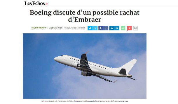 Ao repercutir a eventual venda da Embraer para a americana Boeing, o diário francês Les Echos afirma que a empresa brasileira sempre se saiu bem economicamente, mas vem sendo enfraquecida pelos múltiplos escândalos de corrupção no Brasil; "Uma aliança com a Boeing abriria não somente as portas do mercado americano, mas também evitaria o isolamento da Embraer na cena mundial, diante dos gigantes da aeronáutica dos Estados Unidos, Europa e China", escreve Les Echos