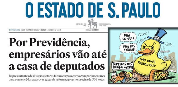 Na manchete do Estadão, o “patriotismo” dos empresários brasileiros, visitando em casa os deputados para pedir-lhes que votem a retirada dos direitos previdenciários dos trabalhadores; como bons visitantes, não devem estar batendo na porta de suas excelências sem levar uma “lembrancinha”, sempre útil quando as eleições se aproximam, escreve o jornalista Fernando Brito, no blog Tijolaço