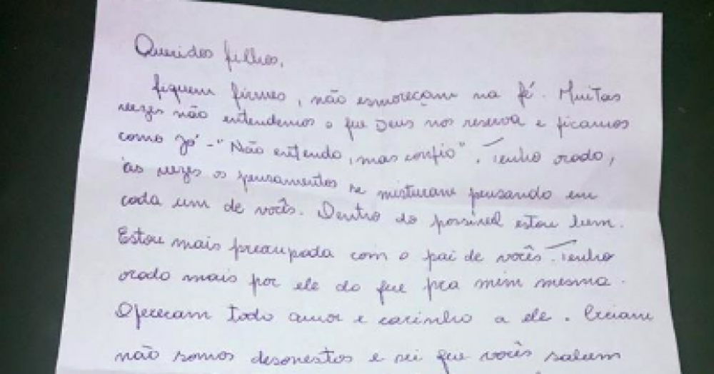 Divulgada por Wladimir Matheus de Oliveira, filho do casal Garotinho, que visitou a mãe junto com sua irmã Clarissa, a carta de Rosinha mostra preocupação com a saúde de Anthony Garotinho e critica a mídia; “Não se contaminem com a mídia, ela não está aí para ajudar ninguém. Para ela, quanto pior, melhor. O que importa é a nossa consciência de que sofremos uma enorme perseguição pelas denúncias que seu pai fez”