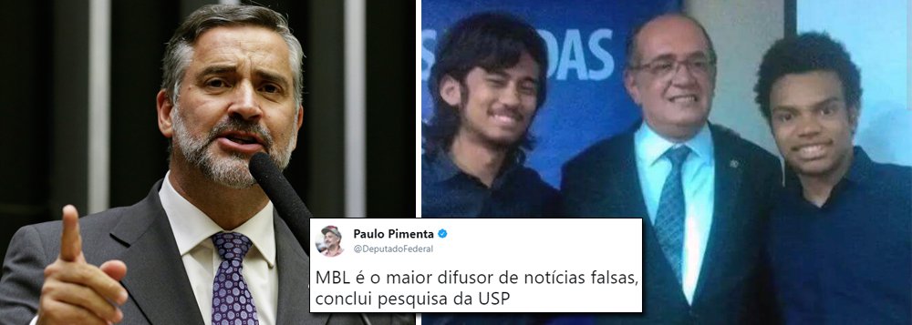Deputado Paulo Pimenta (PT-RS) destaca pesquisa feita pela Associação dos Especialistas em Políticas Públicas de São Paulo (AEPPSP), com base em critérios de um grupo de estudo da USP, que concluiu que o MBL é o maior distribuidor de notícias falsas na internet; o parlamentar lembra que o ministro Gilmar Mendes, presidente do TSE, quer fazer uma força-tarefa juntamente com o Exército para monitorar notícias falsas durante as eleições e aconselha o magistrado a começar pelo grupo de Kim Kataguiri, com quem Gilmar já até posou para fotos