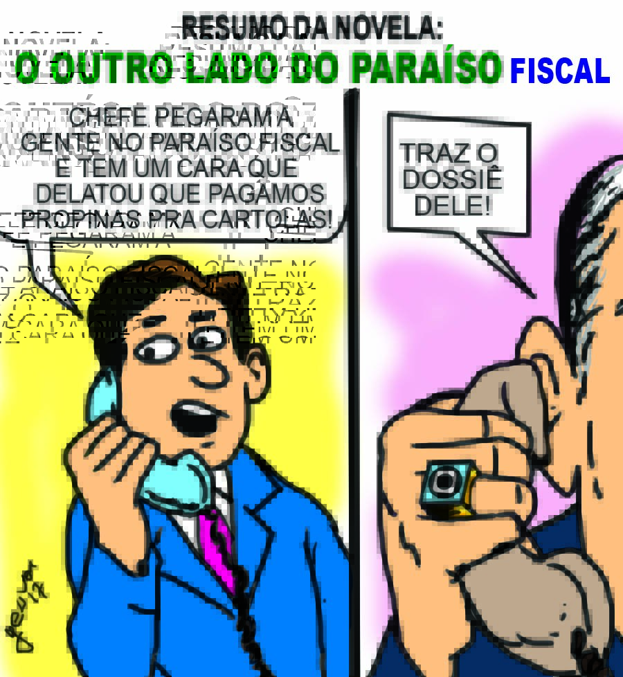 Cartunista Geuvar Oliveira faz um trocadilho entre a novela das 21h, O Outro Lado do Paraíso, com o paraíso fiscal onde estão offshores do Grupo Globo, segundo documentos tornados públicos recentemente, os Paradise Papers
