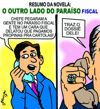 Cartunista Geuvar Oliveira faz um trocadilho entre a novela das 21h, O Outro Lado do Paraíso, com o paraíso fiscal onde estão offshores do Grupo Globo, segundo documentos tornados públicos recentemente, os Paradise Papers