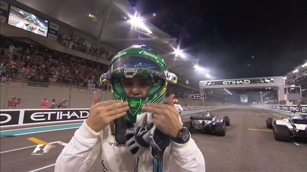 Com a décima colocação no GP de Abu Dhabi, última prova da temporada, Felipe Massa se despediu neste domingo da Fórmula-1; a vitória ficou com o finlandês Valtteri Botas, da Mercedes, seguido pelo tetracampeão antecipado Lewis Hamilton e Sebastian Vettel completou o pódio; em 16 anos na principal categoria do automobilismo, o brasileiro conquistou 11 vitórias