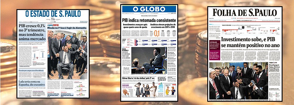 A mediocridade econômica nunca foi tão celebrada como no Brasil pós-golpe; embora a economia brasileira tenha crescido apenas 0,1% no terceiro trimestre deste ano, o que indica estagnação após dois anos de recessão, os jornais que apoiaram o golpe de 2016 soltaram rojões; no Globo, recuperação consistente; no Estado, mercado animado; na Folha, PIB positivo no ano; essa postura editorial reflete apenas a incapacidade da mídia brasileira de reconhecer um de seus maiores erros históricos, que foi sabotar o governo da presidente Dilma Rousseff e criar as condições para uma quebra do pacto democrático, que tornou a economia brasileira muito mais frágil